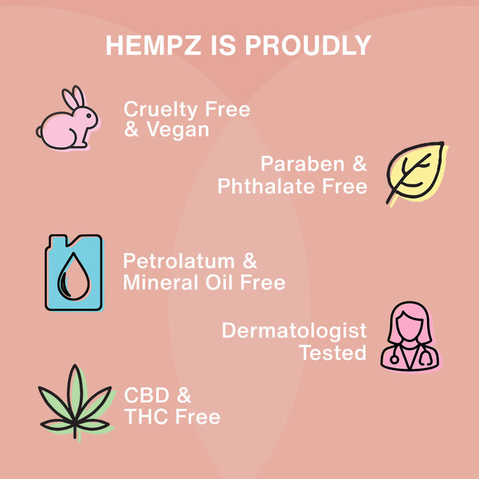 Hempz product features on a pink background with icons and text.