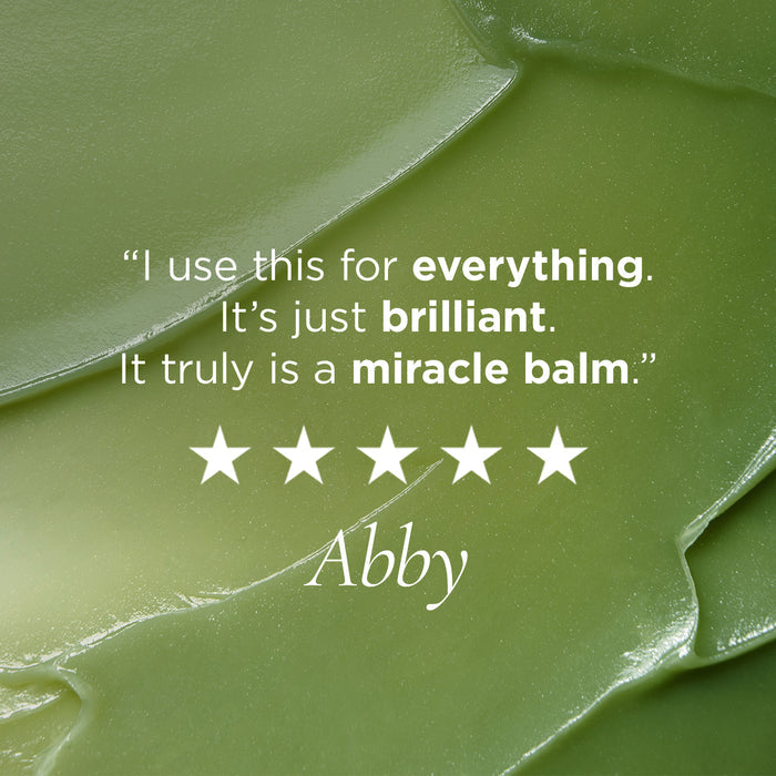 Tamanu balm texture with customer review overlaid "I use this for everything. It's just brilliant. It truly is a miracle balm." - Abby, 5 stars
