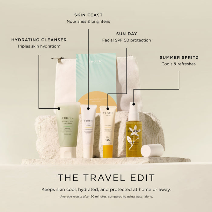 Tropic The Travel Edit skincare set featuring Hydrating Cleanser, Skin Feast moisturiser, Sun Day SPF 50 and Summer Spritz facial mist with a travel bag.