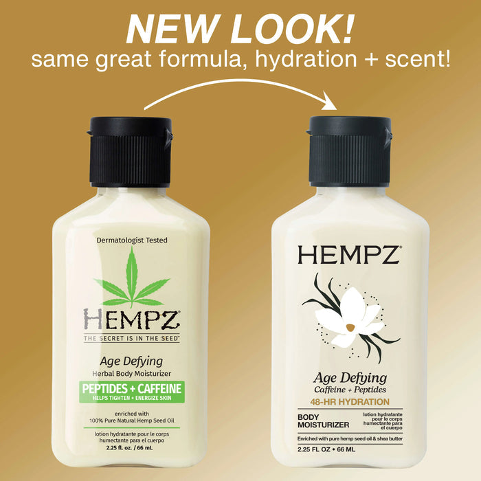 Two Hempz Age Defying Body Moisturizers on a brown background with text about new look and formula.