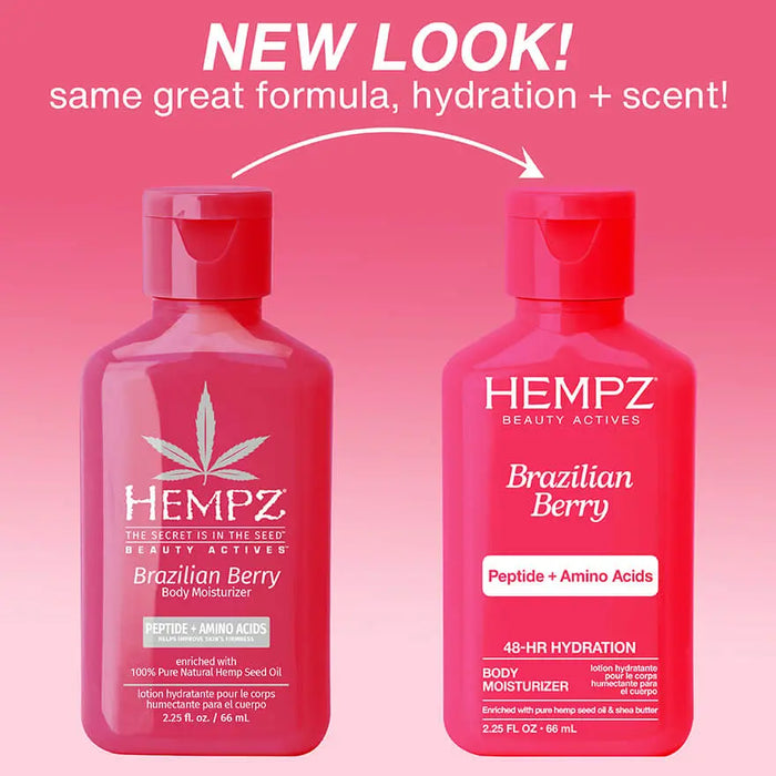 Two bottles of Hempz Brazilian Berry Body Moisturizer on a pink background with text about new look and formula.