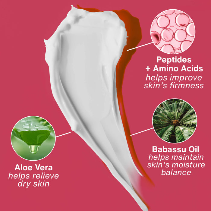 Cosmetic cream with ingredients and benefits on a pink background