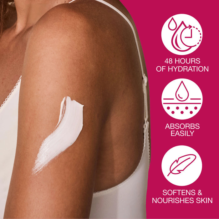 Woman applying lotion to her arm with product features on a pink background