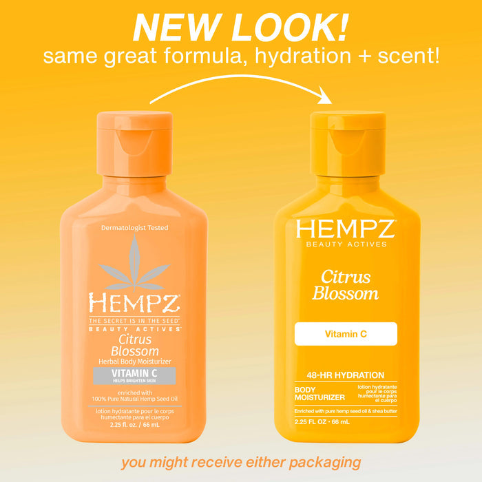 Two bottles of Hempz Citrus Blossom body moisturizer on a yellow background with text about new packaging