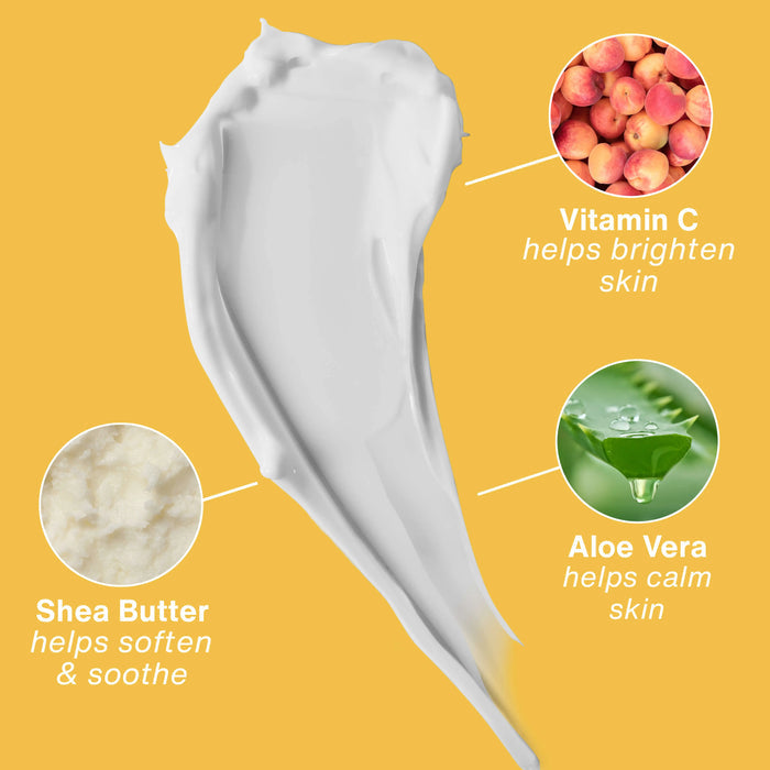 Hempz Beauty Actives Citrus Blossom Herbal Body Moisturizer with ingredients highlighted on a yellow background