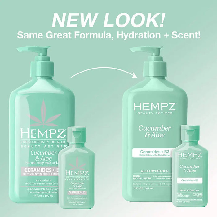 Hempz Cucumber & Aloe product lineup with a light green background