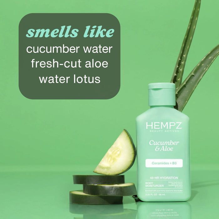 Hempz Cucumber & Aloe bottle with cucumber slices and aloe vera plant on a green background