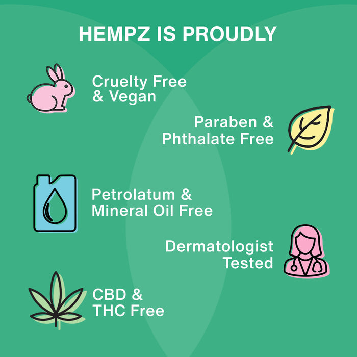 Hempz product features on a green background with icons and text.