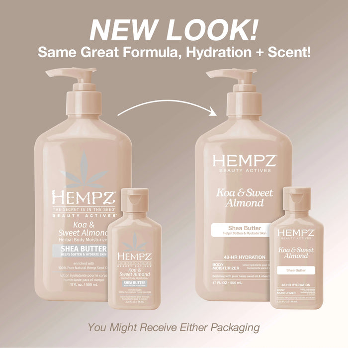 Hempz body lotion bottles with text indicating a new packaging design.