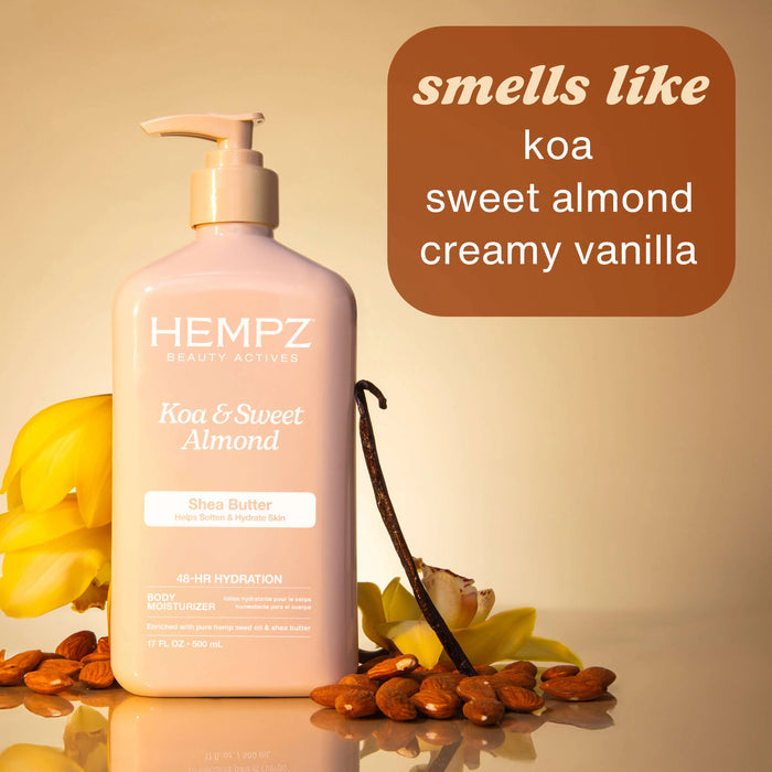 Hempz shampoo bottle with vanilla and almond elements on a warm background