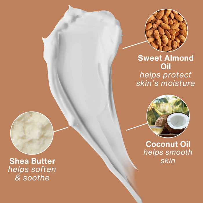 Shea butter with images of almonds, coconut, and text on a brown background
