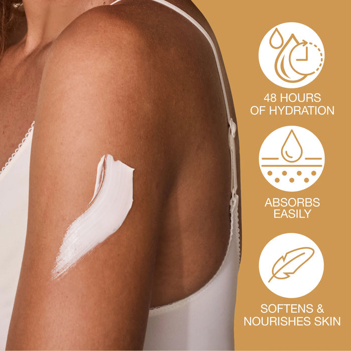 Woman applying lotion to her arm with product benefits displayed on a beige background