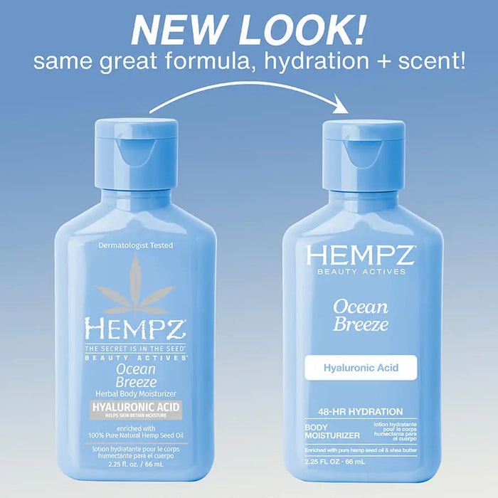 Two bottles of Hempz Ocean Breeze body moisturizer with a blue gradient background and text indicating 'New Look!'.