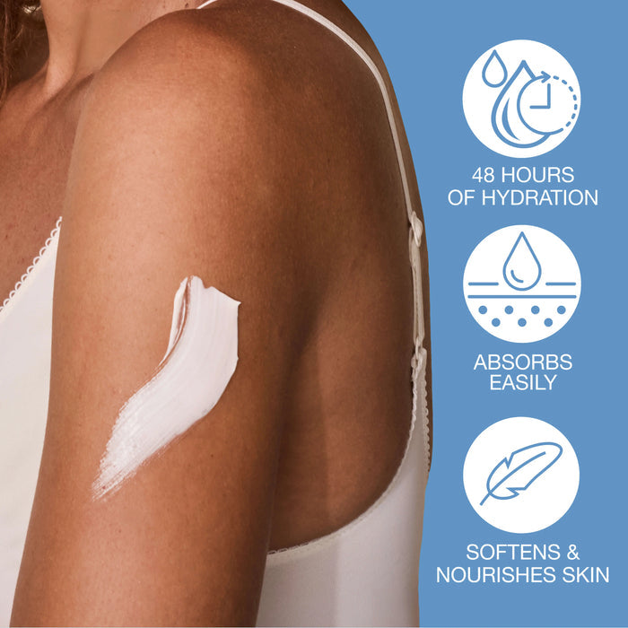 Woman's arm with a skincare product applied, featuring icons and text about product benefits on a blue background