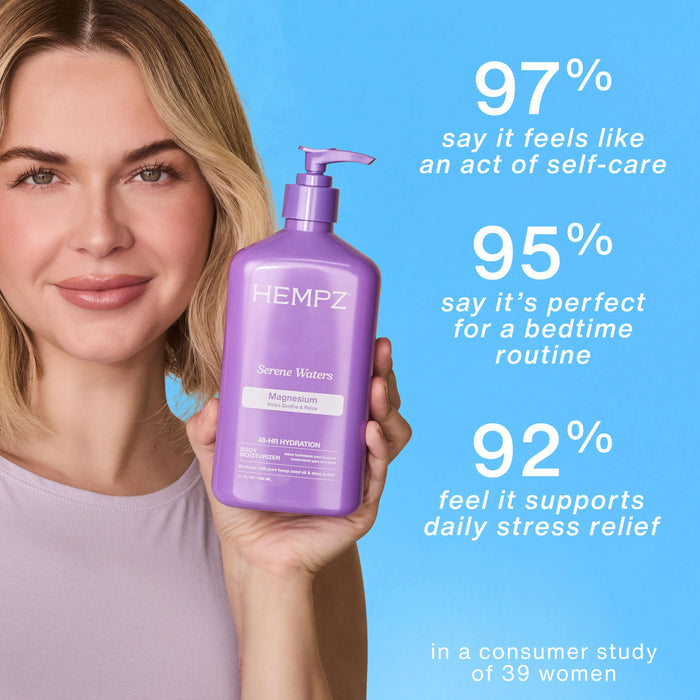 Woman holding a Hempz Serene Waters with Magnesium bottle with product benefits displayed on a blue background