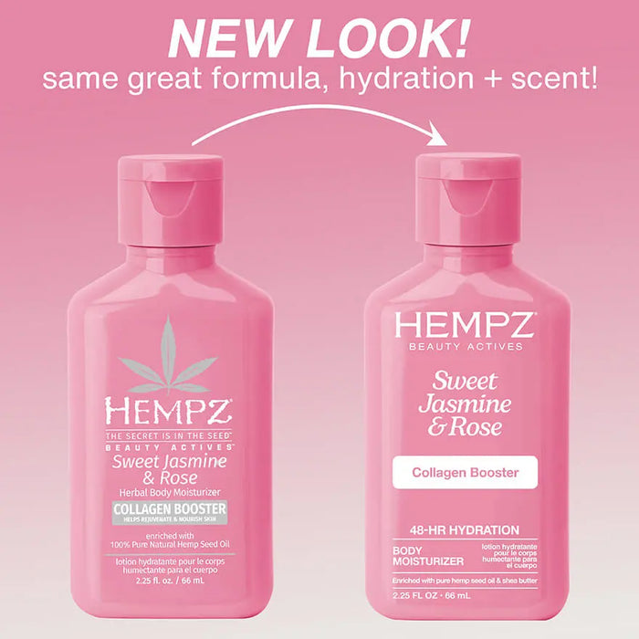 Two bottles of Hempz Sweet Jasmine & Rose body moisturizer on a pink background with text about new look and hydration.