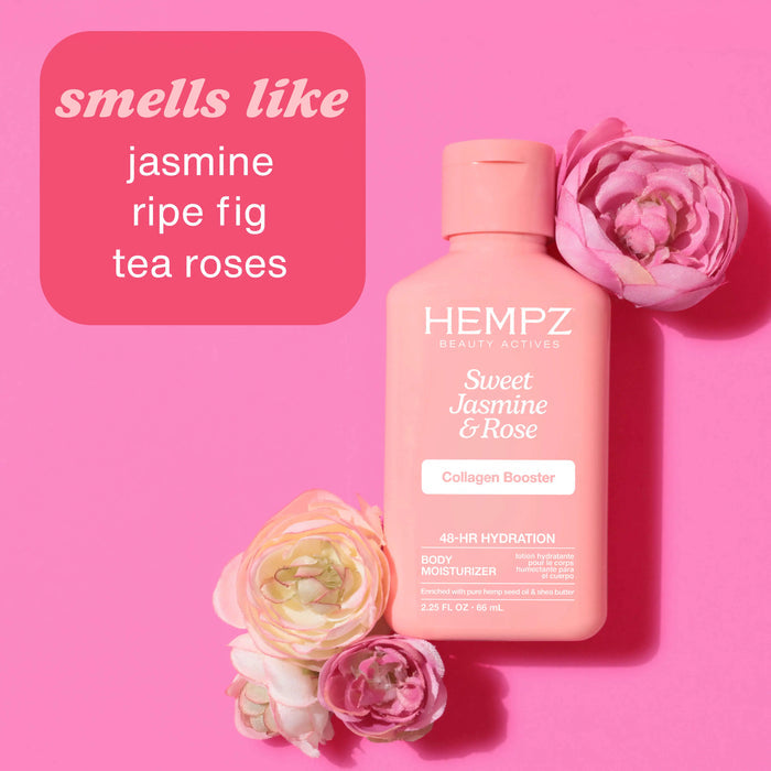 Hempz Sweet Jasmine & Rose body moisturizer bottle with flowers on a pink background