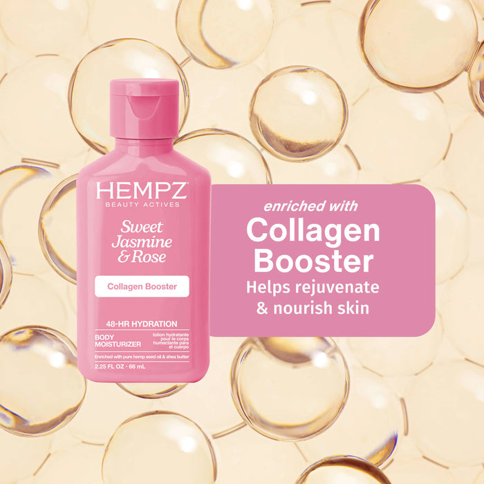 Pink Hempz bottle with collagen booster on a background of bubbles