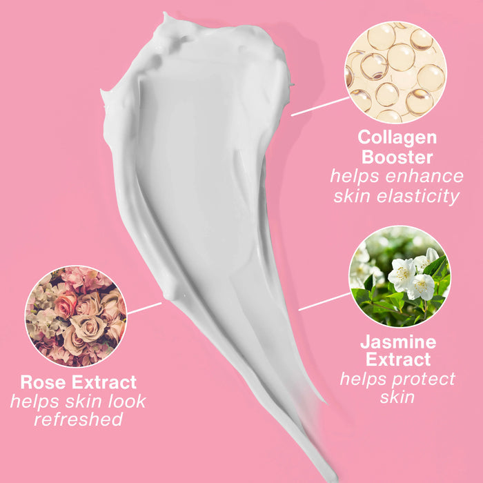 Skincare product with ingredients highlighted on a pink background