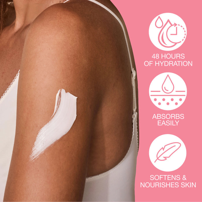 Woman's arm with a skincare product application on a pink background with product features listed.