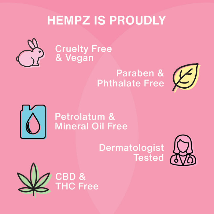 Hempz product features on a pink background with icons and text.