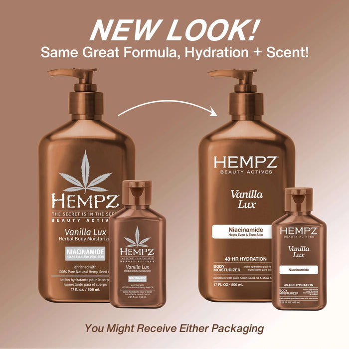 Hempz Vanilla Lux body moisturizer bottles with a brown background and text indicating new packaging