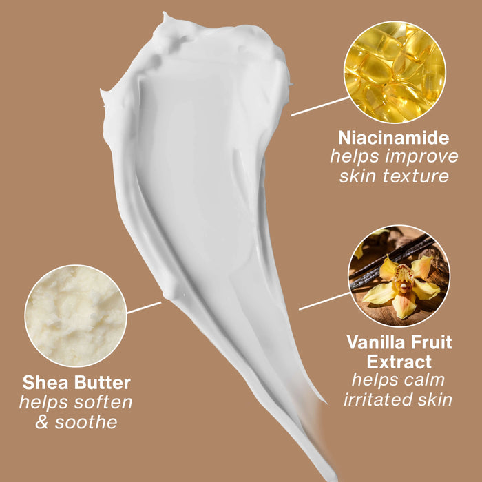 Hempz Beauty Actives Vanilla Lux Body Moisturizing Lotion with text about Shea Butter, Niacinamide, and Vanilla Fruit Extract on a brown background