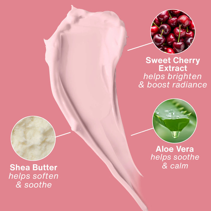 Pink skincare product with cherry extract, aloe vera, and shea butter text on a pink background