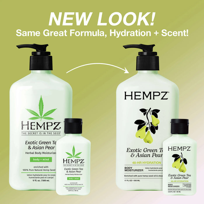 Hempz Exotic Green Tea & Asian Pear body moisturizer bottles with a green background and text indicating 'New Look! Same Great Formula, Hydration + Scent!'.