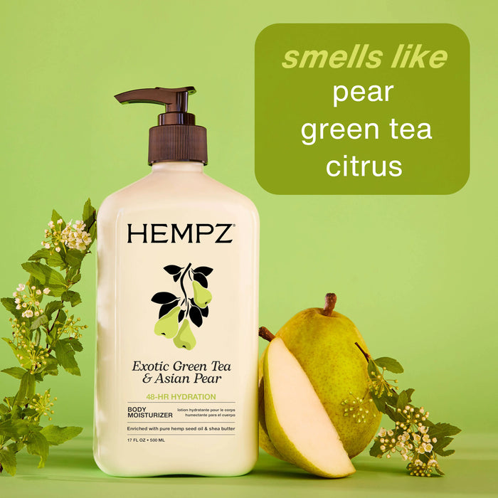 Hempz Exotic Green Tea & Asian Pear body moisturizer with pear and green tea leaves on a green background