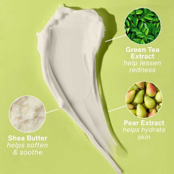 Cream with green tea extract, pear extract, and shea butter on a green background