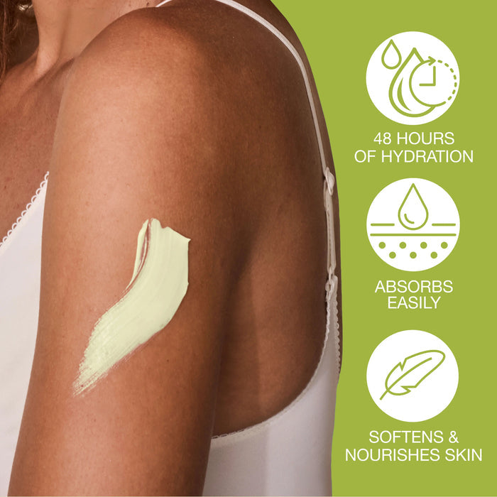 Woman applying cream to her arm with product features on a green background