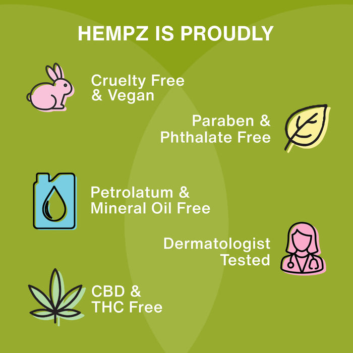 Hempz product label with icons and text on a green background