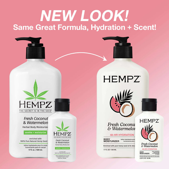 Hempz Fresh Coconut & Watermelon body moisturizer bottles with a pink background and text about new look and formula.