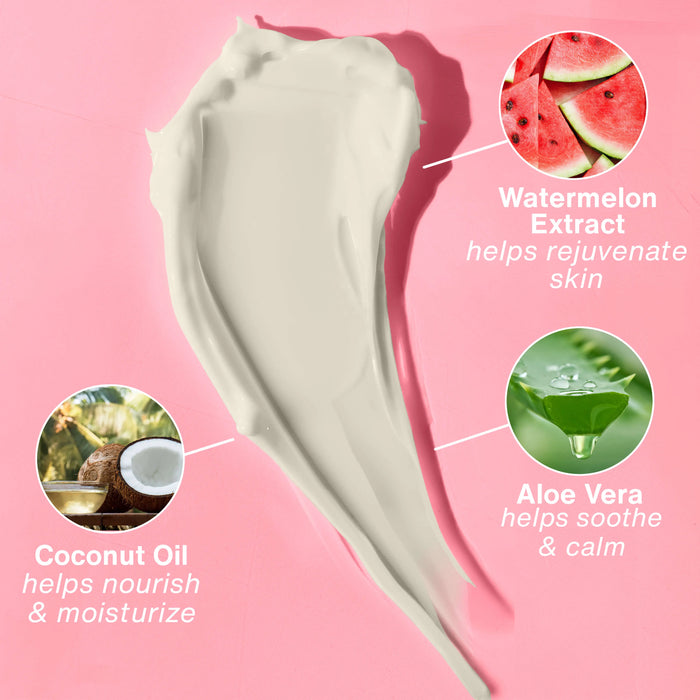 Skincare product with watermelon extract, aloe vera, and coconut oil on a pink background