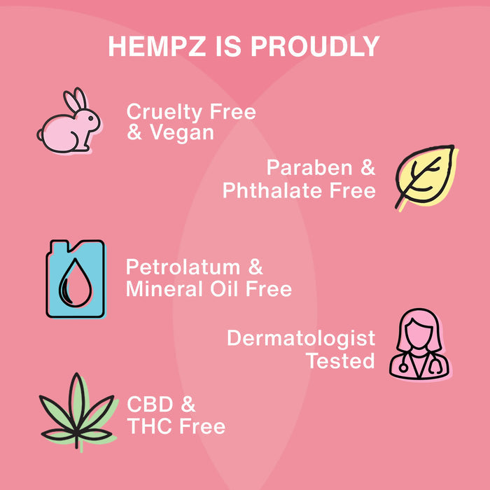 Hempz product features on a pink background with icons and text.