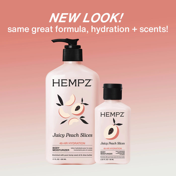 Hempz Juicy Peach Slices body moisturizer bottles on a pink background with text about new look and formula.