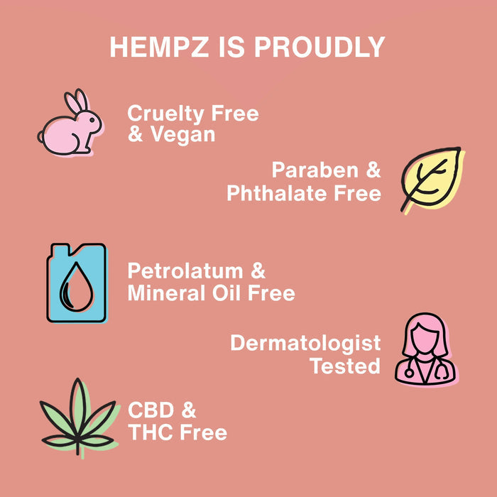 Hempz product features on a pink background with icons and text.