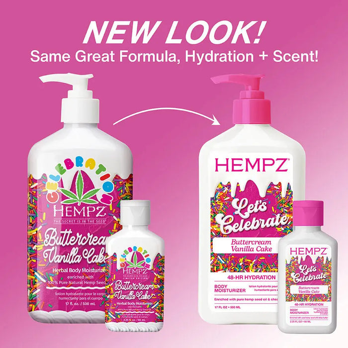 Hempz Buttercream Vanilla Cake body moisturizer bottles with colorful packaging on a pink background