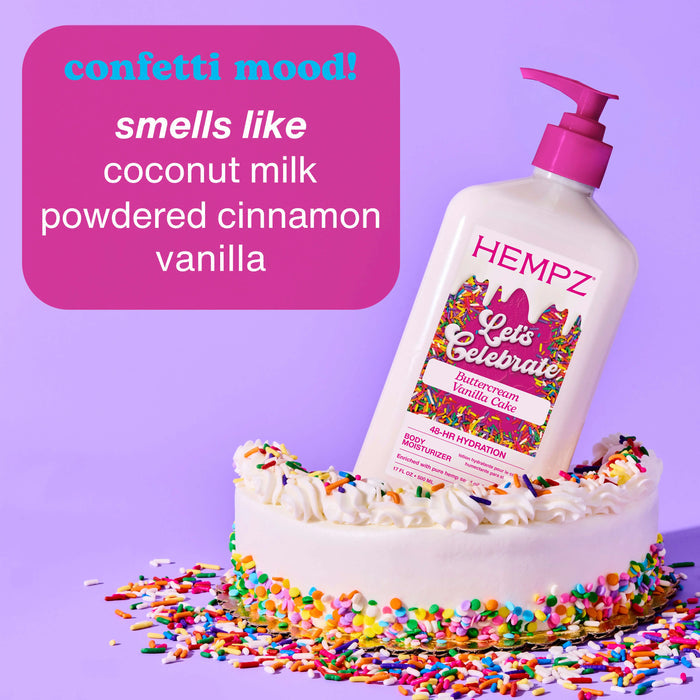 Hempz body lotion bottle with colorful label on a cake with sprinkles against a purple background