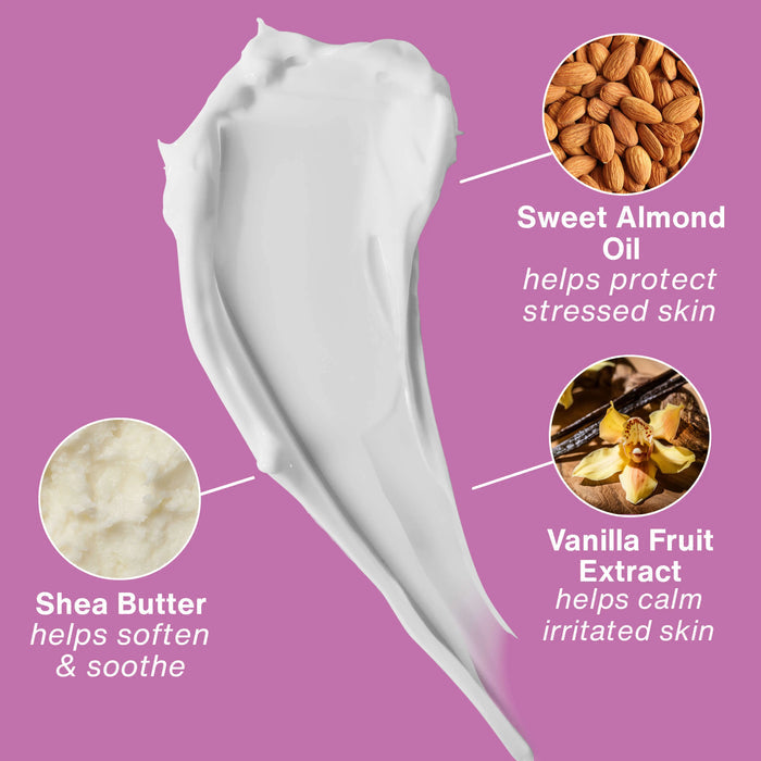Shea butter with sweet almond oil and vanilla fruit extract on a purple background