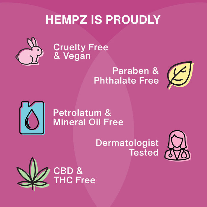 Hempz product line features on a pink background with icons and text.