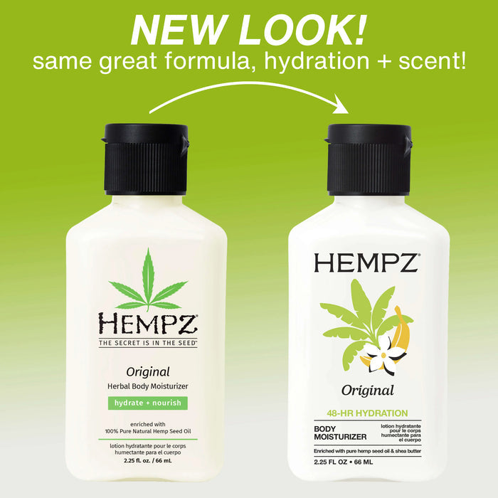 Two Hempz body moisturizer bottles with a green background and text indicating a new look.