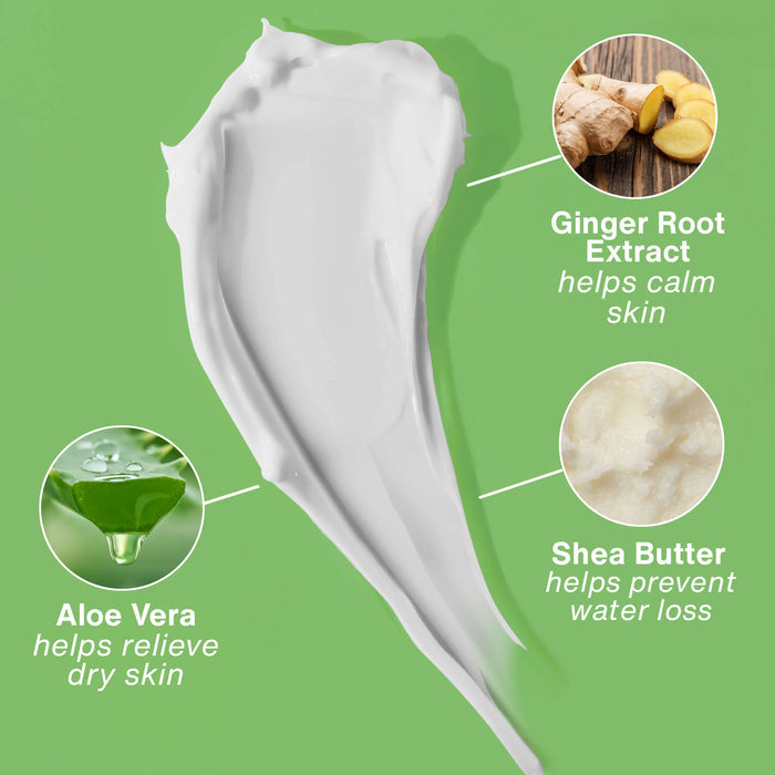 White cream with ingredients highlighted on a green background