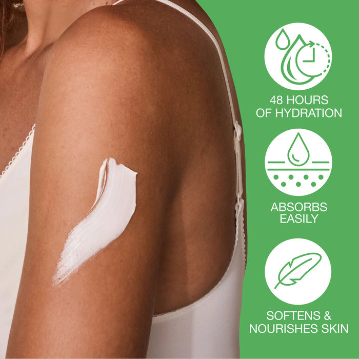 Woman's arm with a skincare product applied, featuring icons and text about product benefits on a green background.