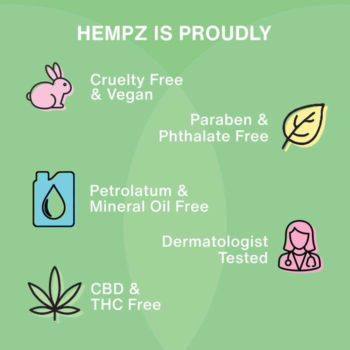 Hempz product label with icons and text on a green background