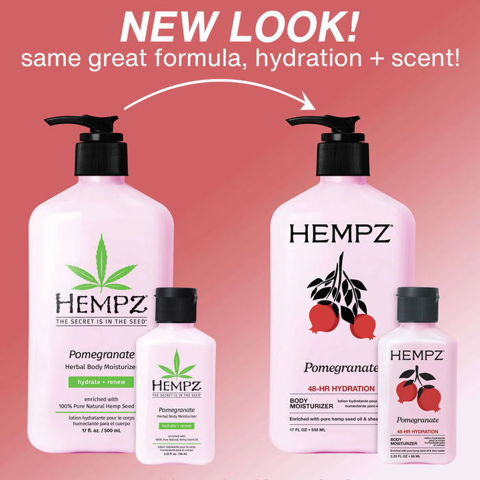 Hempz Pomegranate body moisturizer bottles with a pink background and text about new look and formula.
