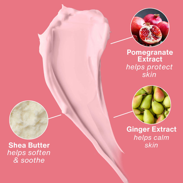 Pink skincare product with ingredients and benefits on a pink background