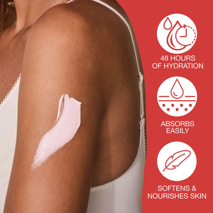 Woman applying cream to her arm with product features on a red background