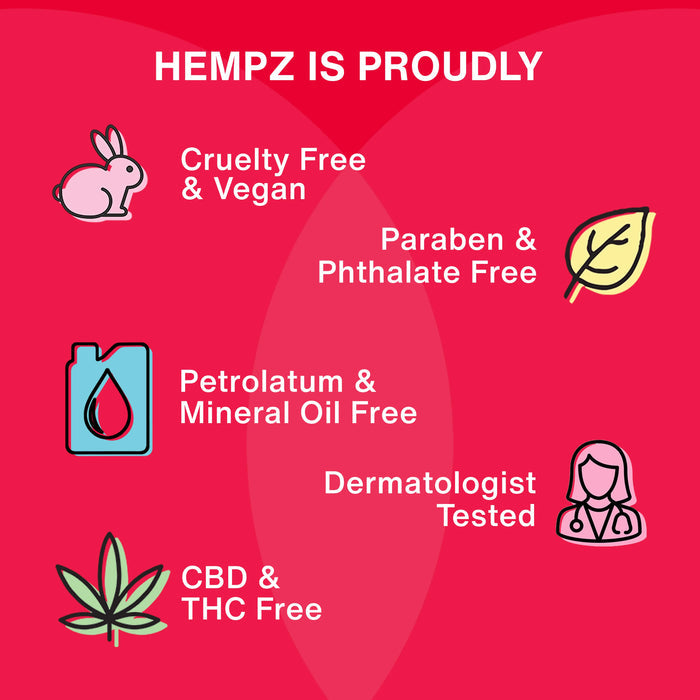 Hempz product line features on a red background with icons and text.